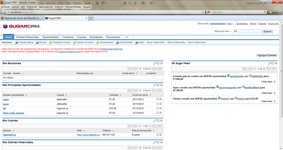 Gestión de clientes, proyectos y comerciales (CRM) realizado con Sugar CRM